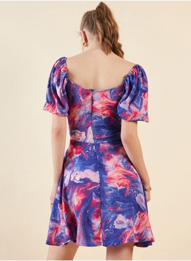 Women Fit and Flared Casual Marble Print Mini Dress