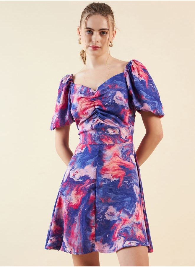 Women Fit and Flared Casual Marble Print Mini Dress