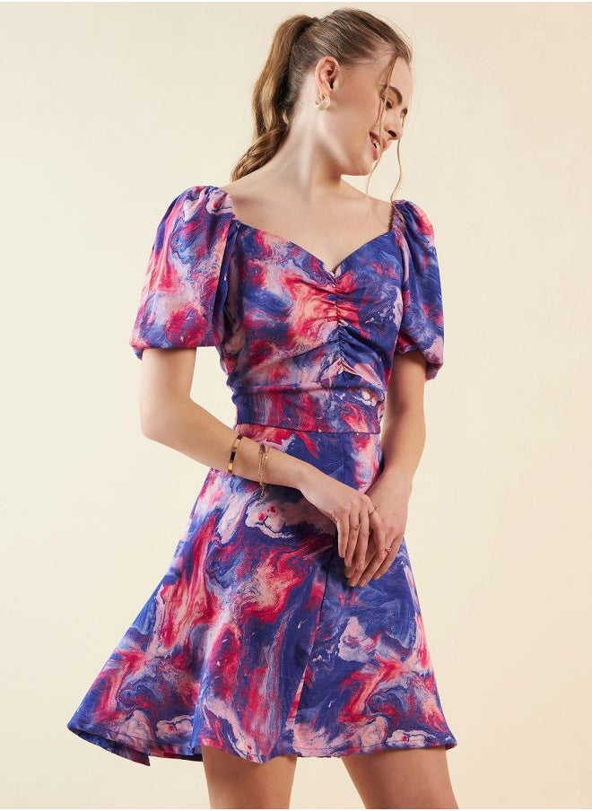 Women Fit and Flared Casual Marble Print Mini Dress