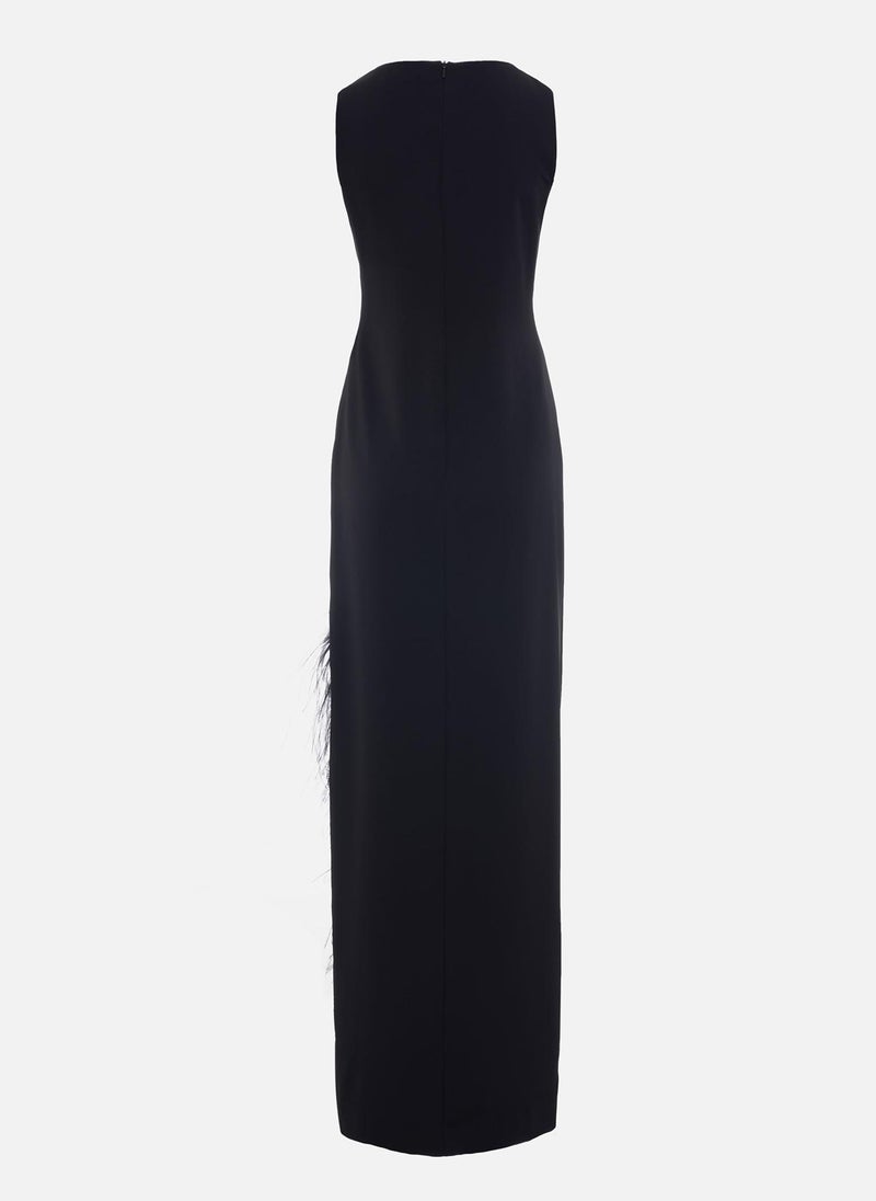 Maxi combination dress with feathers on the skirt
