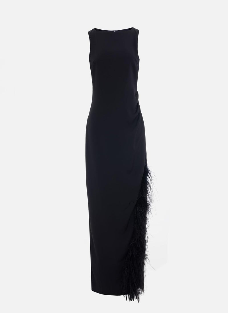 Maxi combination dress with feathers on the skirt