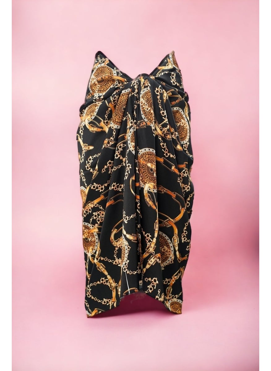 Black Chain and Belt Patterned Long Pareo Satin Women's Beach Dress New Season