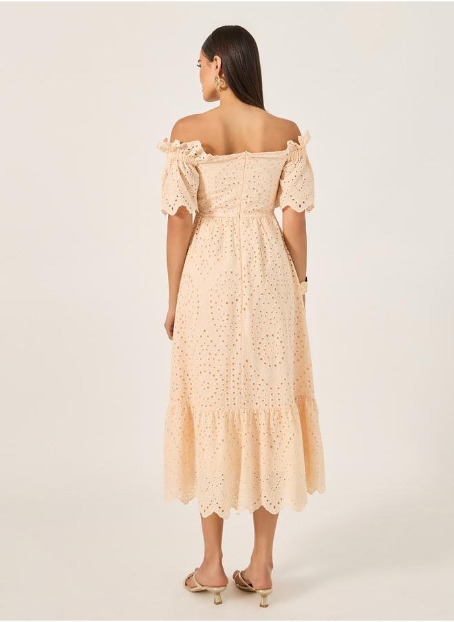 Schiffli Off Shoulder A-Line Midi Dress