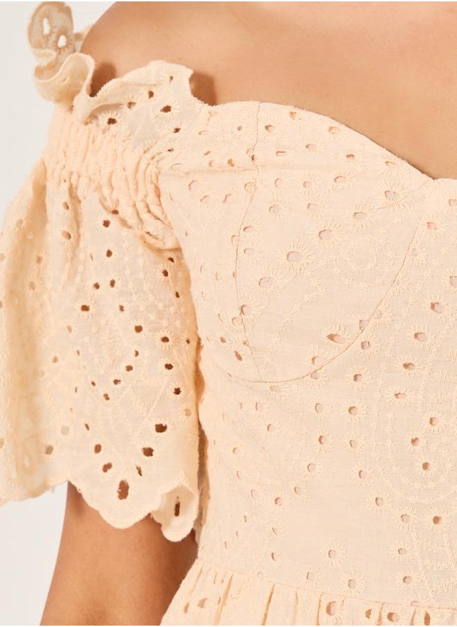 Schiffli Off Shoulder A-Line Midi Dress