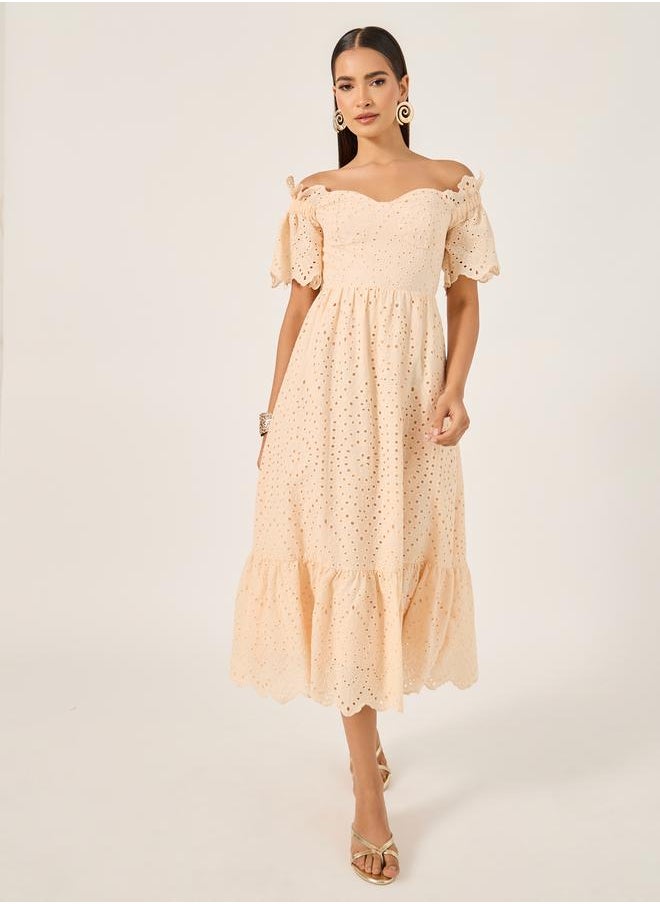 Schiffli Off Shoulder A-Line Midi Dress