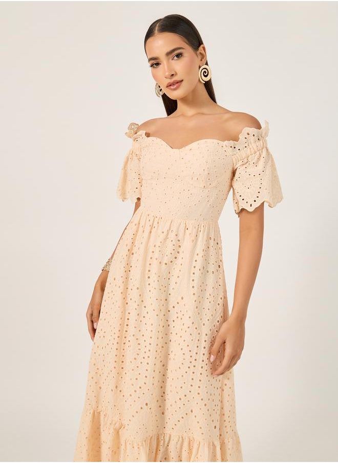 Schiffli Off Shoulder A-Line Midi Dress
