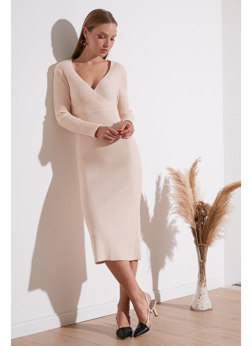 V Neck Ribbed Slim Cut Knit Dress Women's Dress 63622518