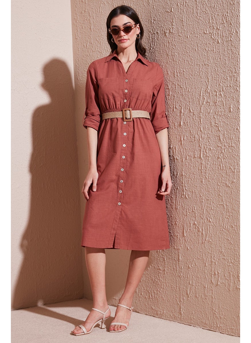 Cotton Regular Fit Belted Midi Length Shirt Dress Women's Dress 67810301