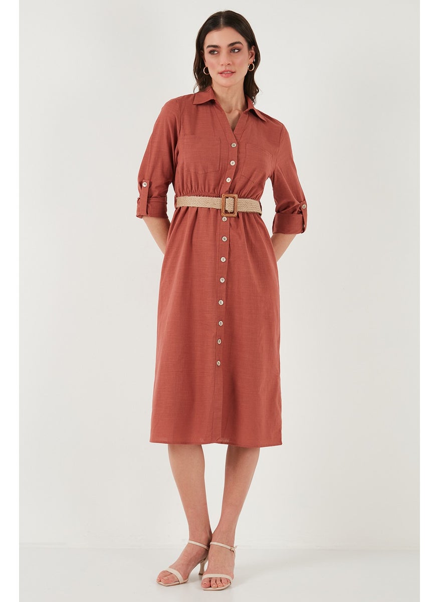Cotton Regular Fit Belted Midi Length Shirt Dress Women's Dress 67810301