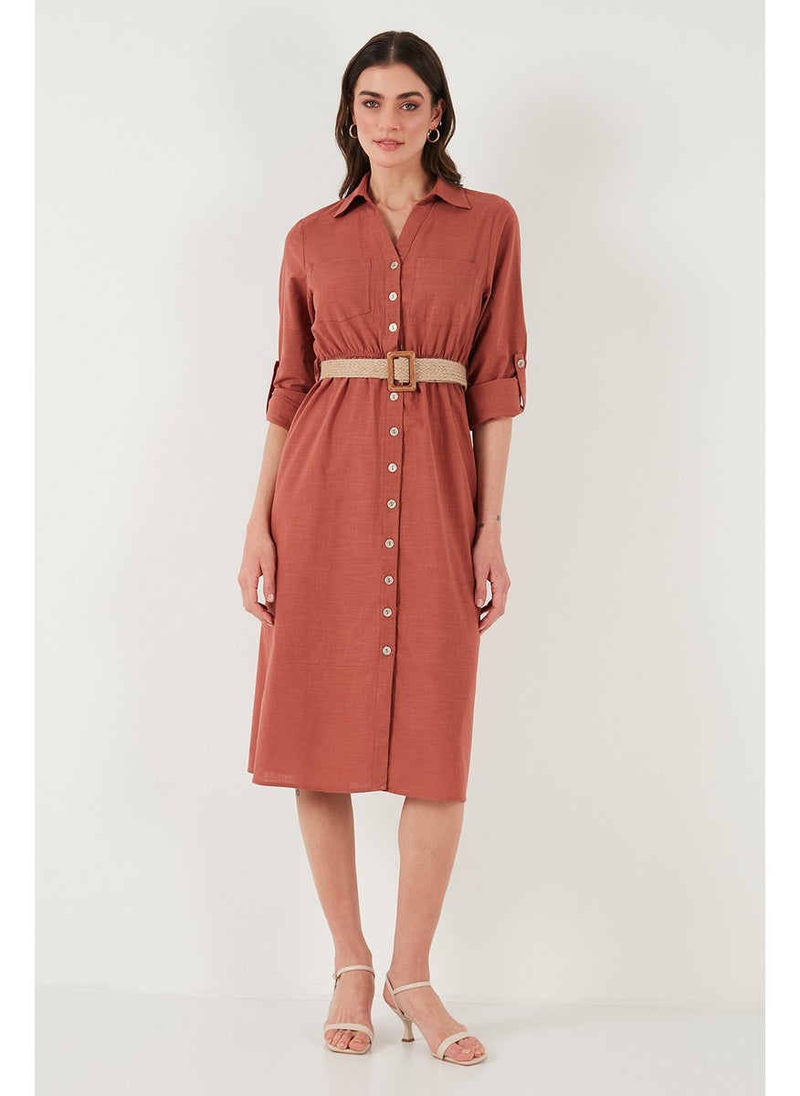 Cotton Regular Fit Belted Midi Length Shirt Dress Women's Dress 67810301