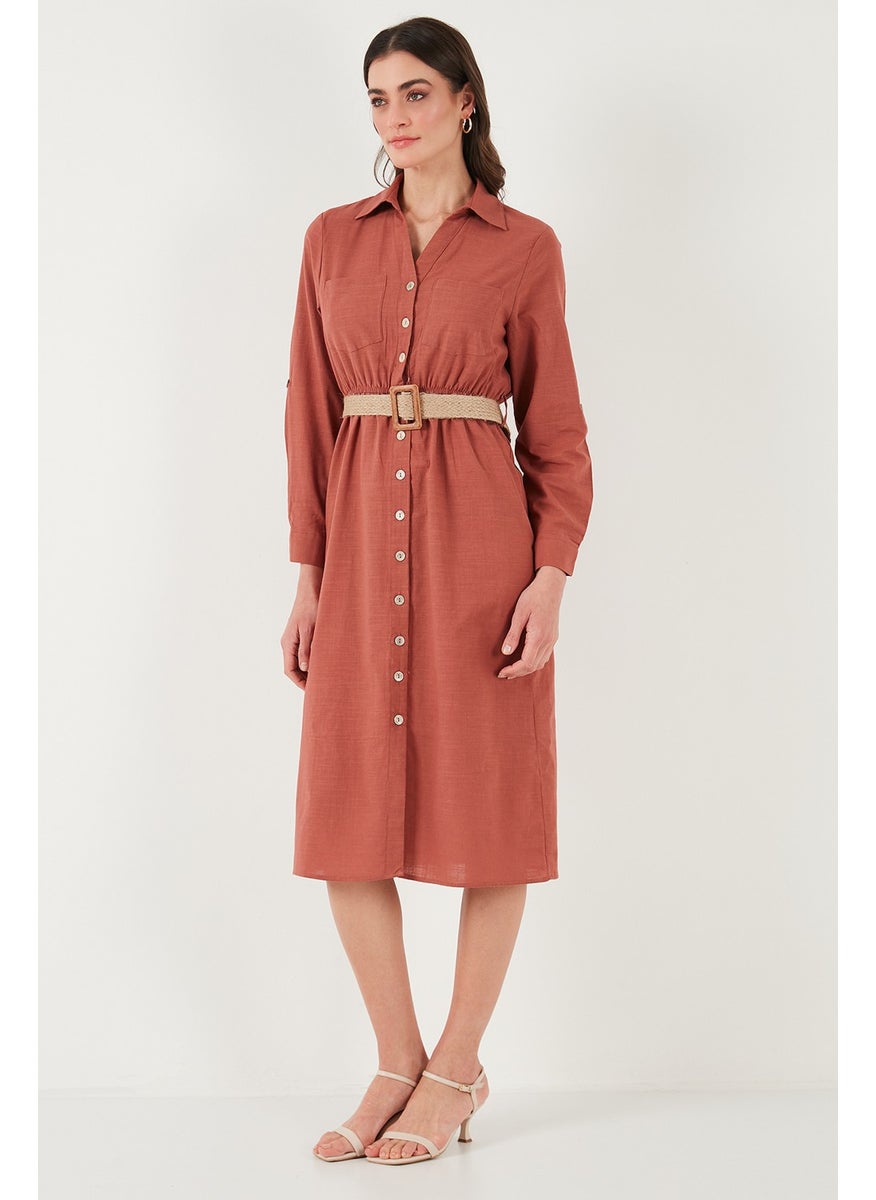 Cotton Regular Fit Belted Midi Length Shirt Dress Women's Dress 67810301