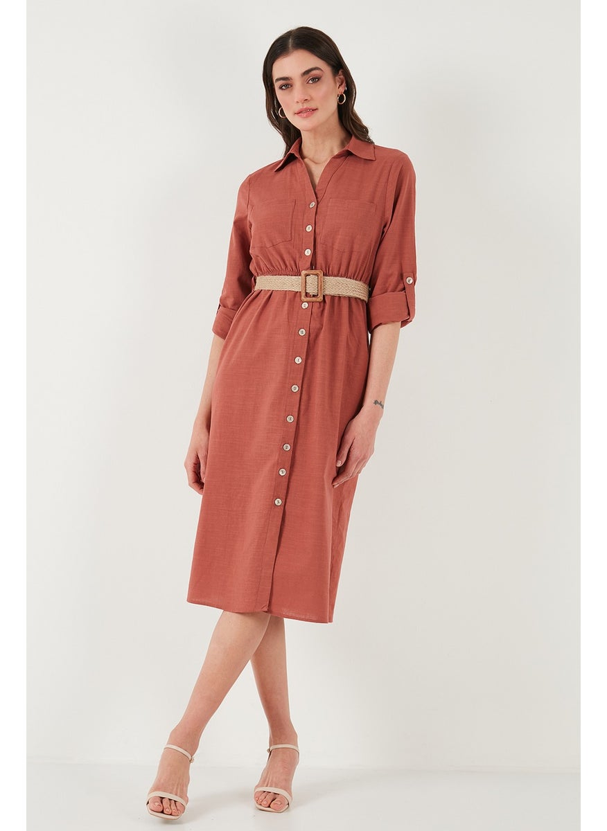 Cotton Regular Fit Belted Midi Length Shirt Dress Women's Dress 67810301