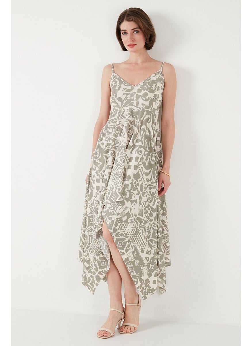 Patterned Asymmetric Cut Regular Fit Midi Length Strap Dress Women's Dress 5866126