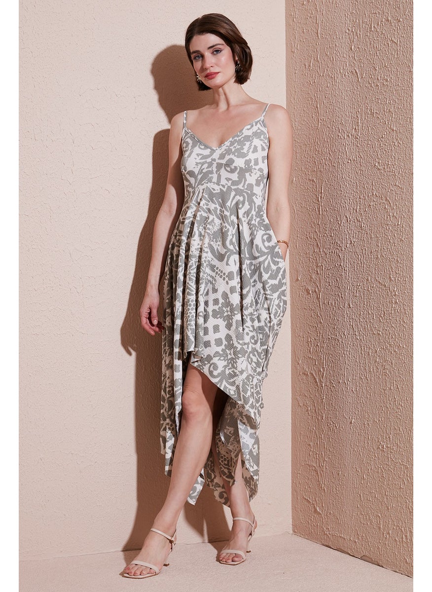 Patterned Asymmetric Cut Regular Fit Midi Length Strap Dress Women's Dress 5866126