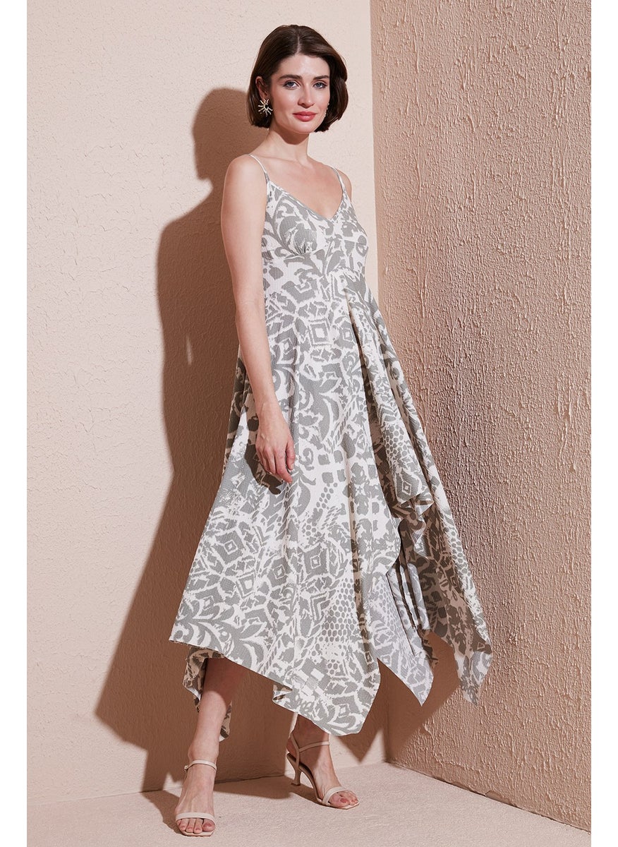 Patterned Asymmetric Cut Regular Fit Midi Length Strap Dress Women's Dress 5866126
