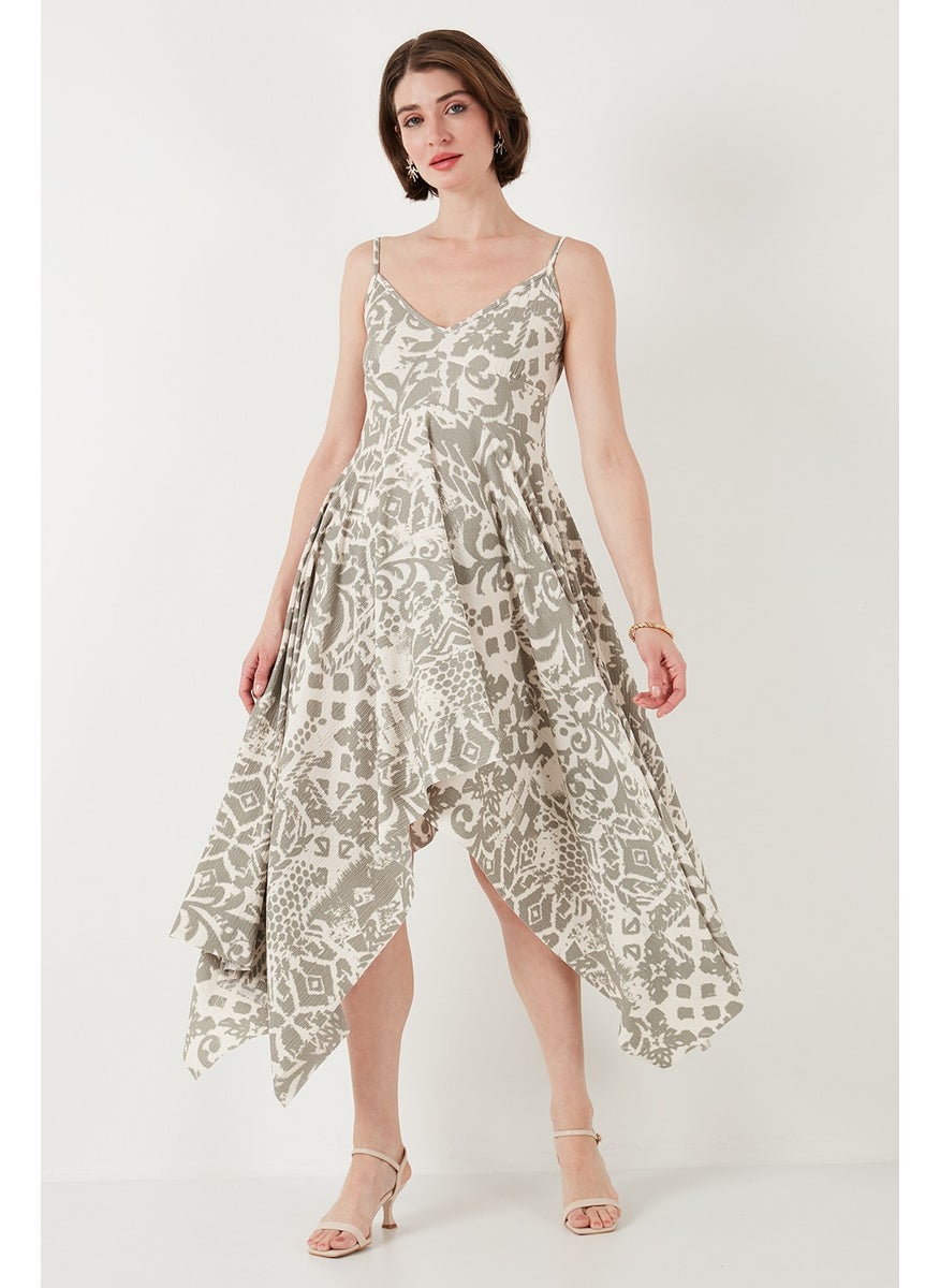 Patterned Asymmetric Cut Regular Fit Midi Length Strap Dress Women's Dress 5866126