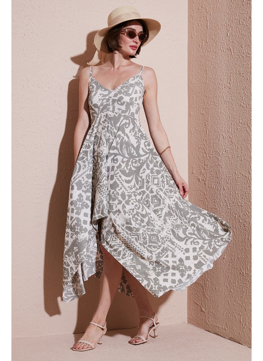 Patterned Asymmetric Cut Regular Fit Midi Length Strap Dress Women's Dress 5866126