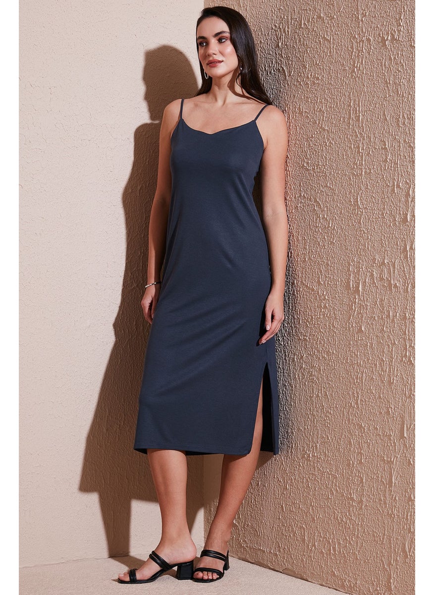 Regular Fit Rope Strap Slit Detail Midi Dress Women's Dress 5866128