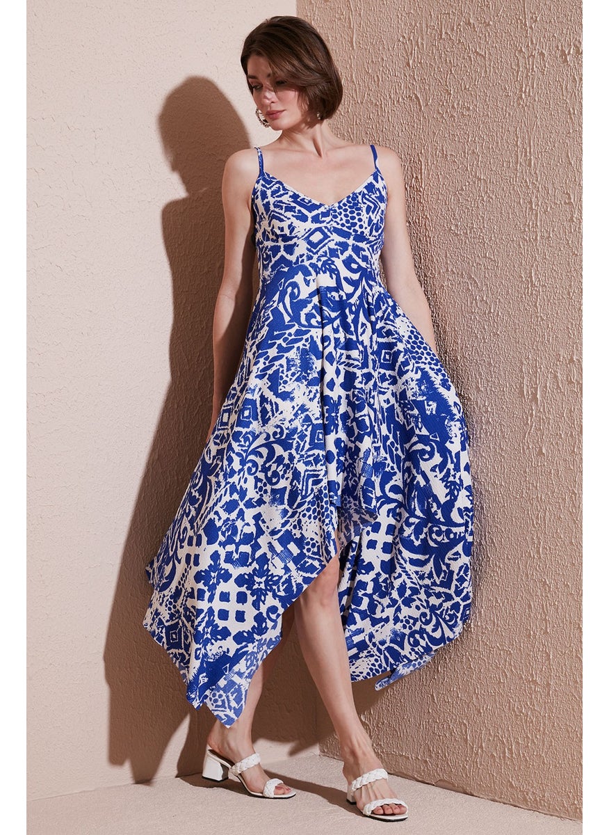 Patterned Asymmetric Cut Regular Fit Midi Length Strap Dress Women's Dress 5866126