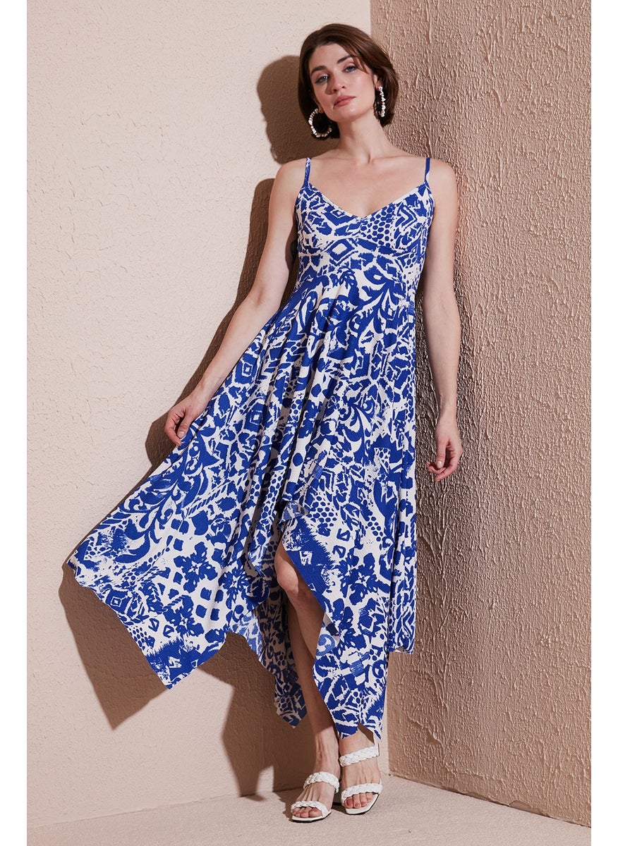 Patterned Asymmetric Cut Regular Fit Midi Length Strap Dress Women's Dress 5866126