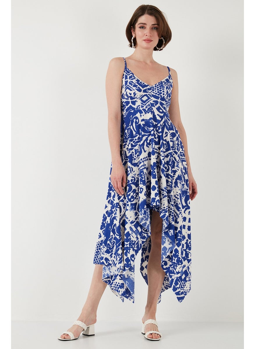 Patterned Asymmetric Cut Regular Fit Midi Length Strap Dress Women's Dress 5866126