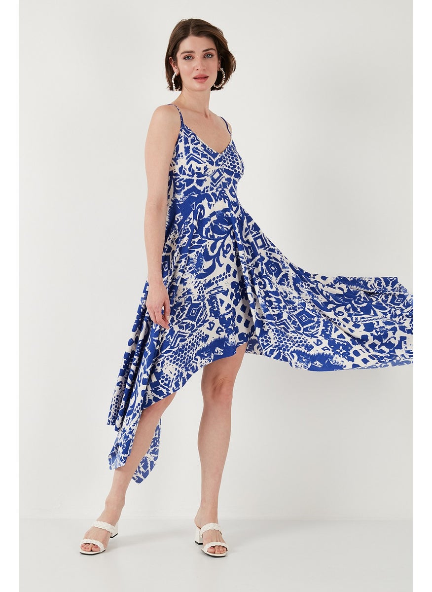 Patterned Asymmetric Cut Regular Fit Midi Length Strap Dress Women's Dress 5866126