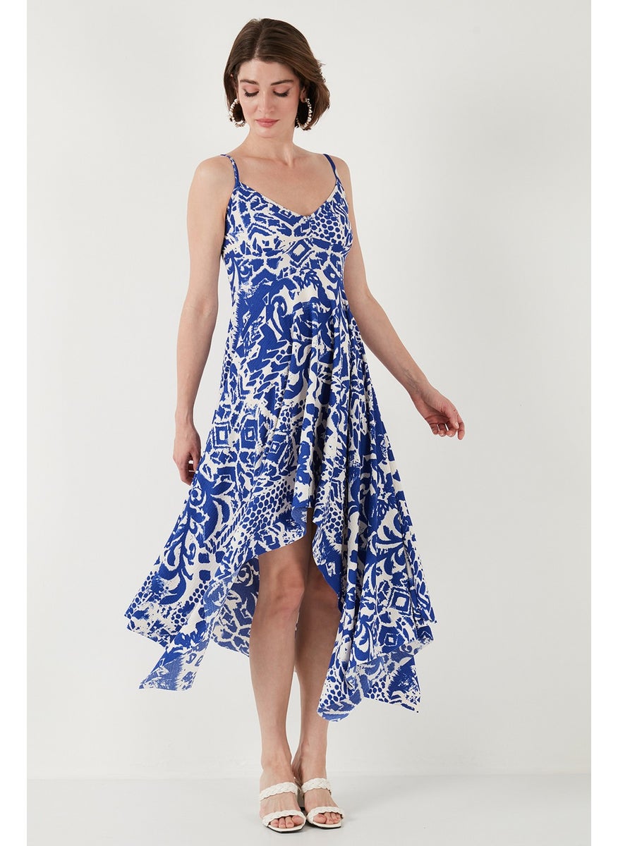 Patterned Asymmetric Cut Regular Fit Midi Length Strap Dress Women's Dress 5866126