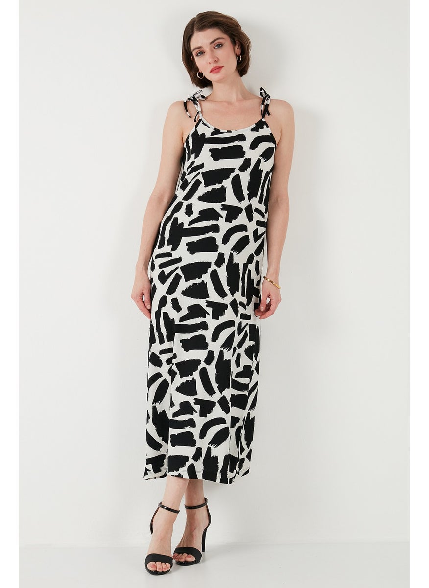 Patterned Midi Length Oversize Fit Tied Rope Strap Crew Neck Dress Women's Dress 5869009