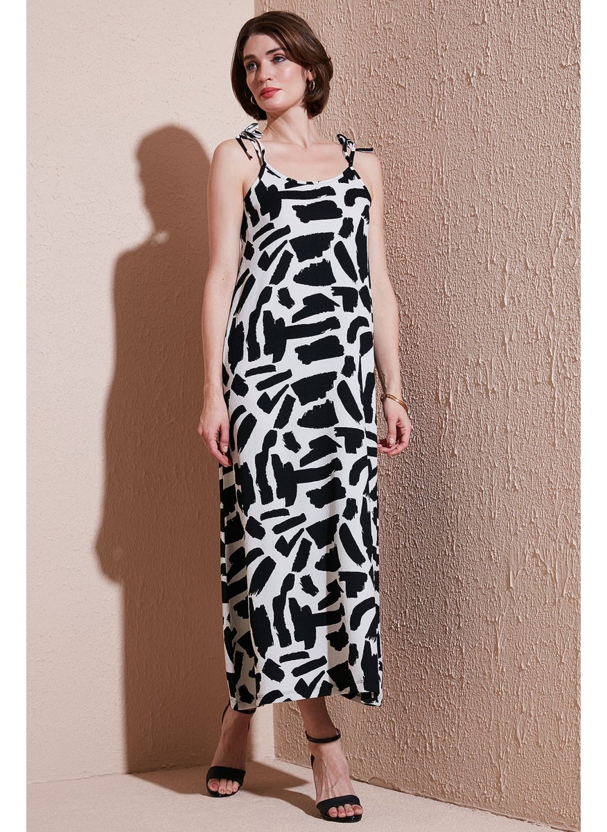 Patterned Midi Length Oversize Fit Tied Rope Strap Crew Neck Dress Women's Dress 5869009