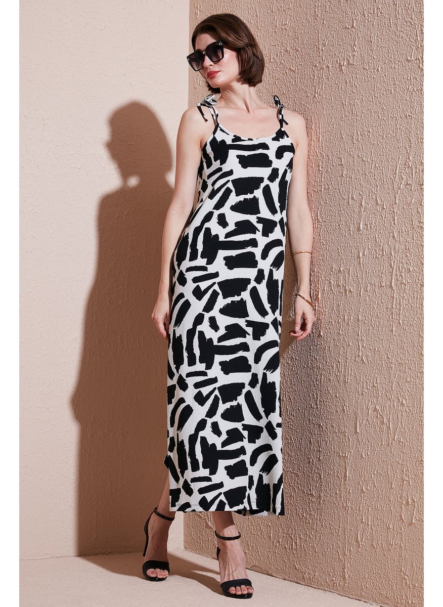 Patterned Midi Length Oversize Fit Tied Rope Strap Crew Neck Dress Women's Dress 5869009