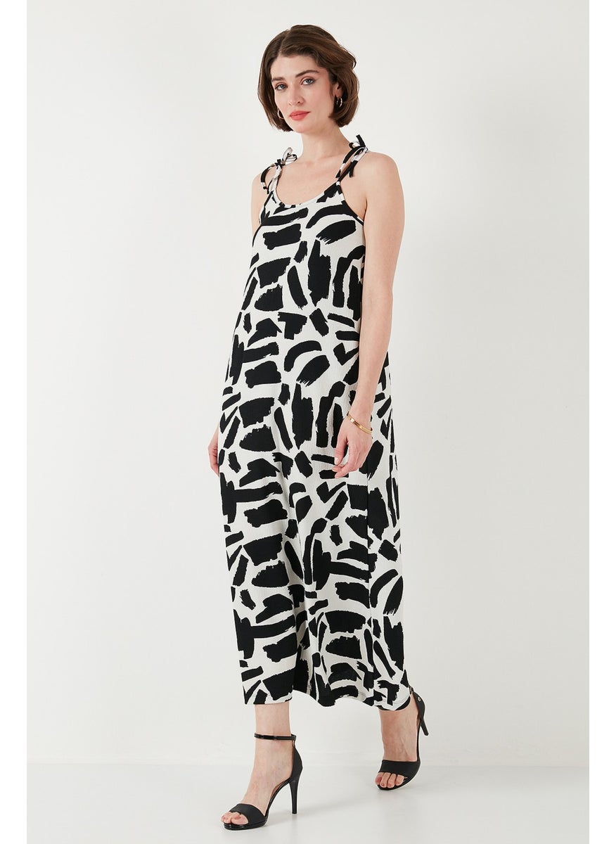 Patterned Midi Length Oversize Fit Tied Rope Strap Crew Neck Dress Women's Dress 5869009