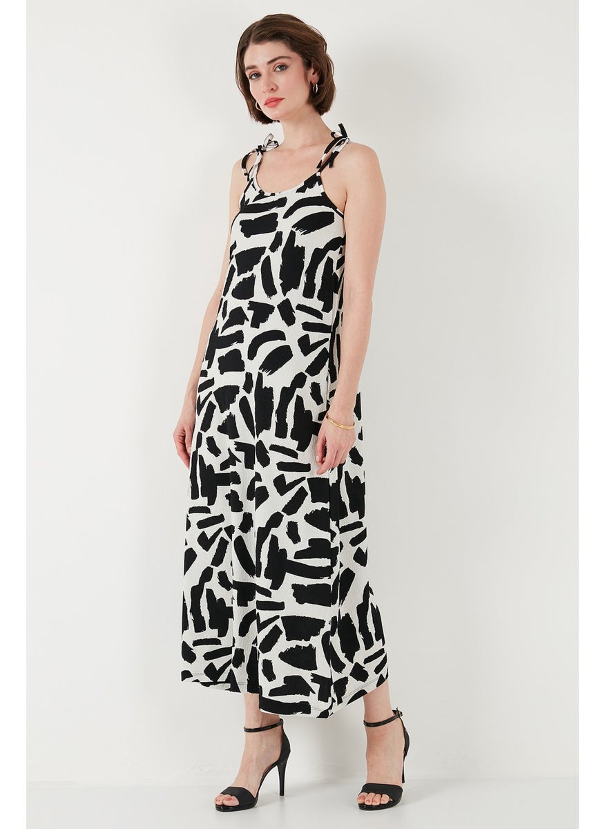 Patterned Midi Length Oversize Fit Tied Rope Strap Crew Neck Dress Women's Dress 5869009