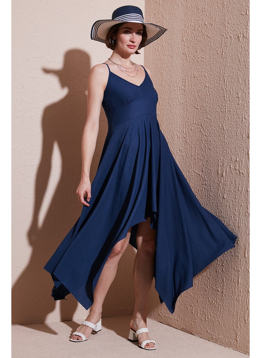 Asymmetric Cut Regular Fit Midi Length Strappy V Neck Dress Women's Dress 5866131