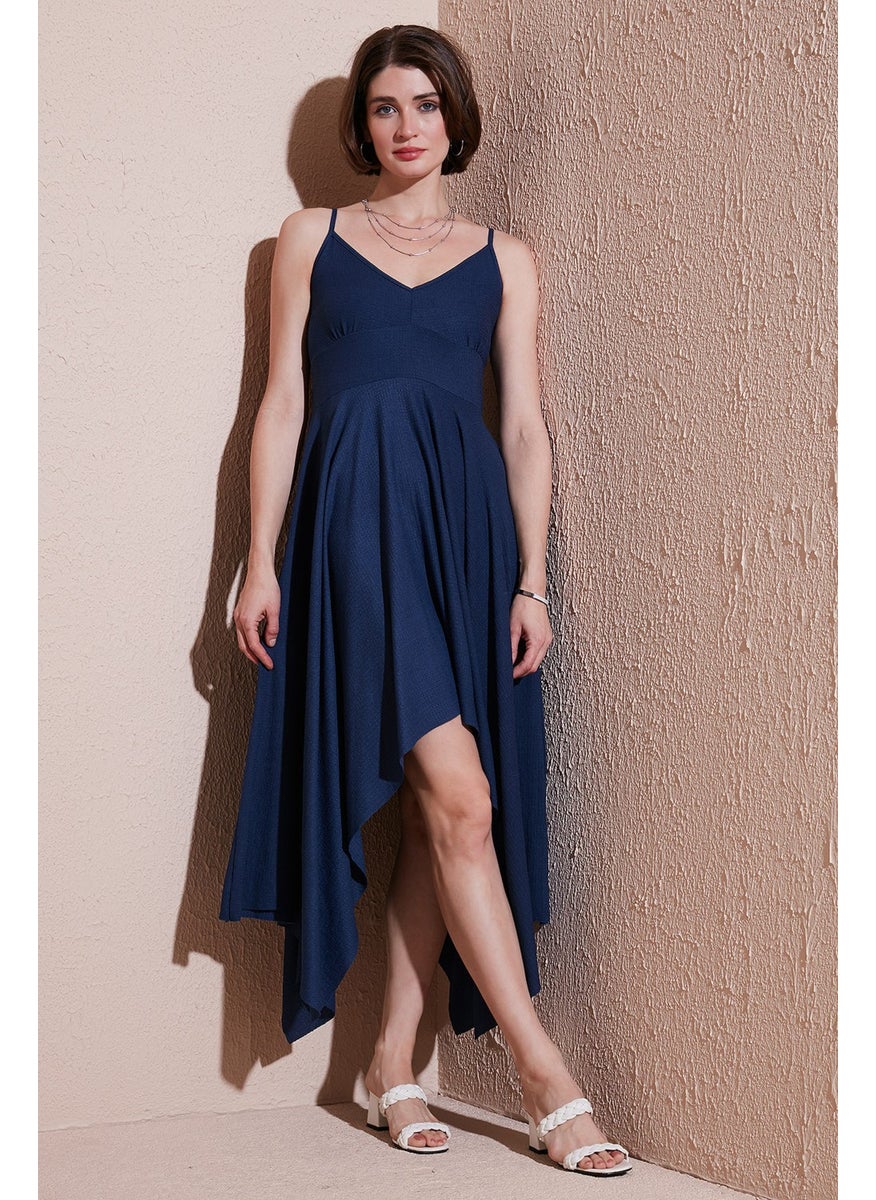 Asymmetric Cut Regular Fit Midi Length Strappy V Neck Dress Women's Dress 5866131