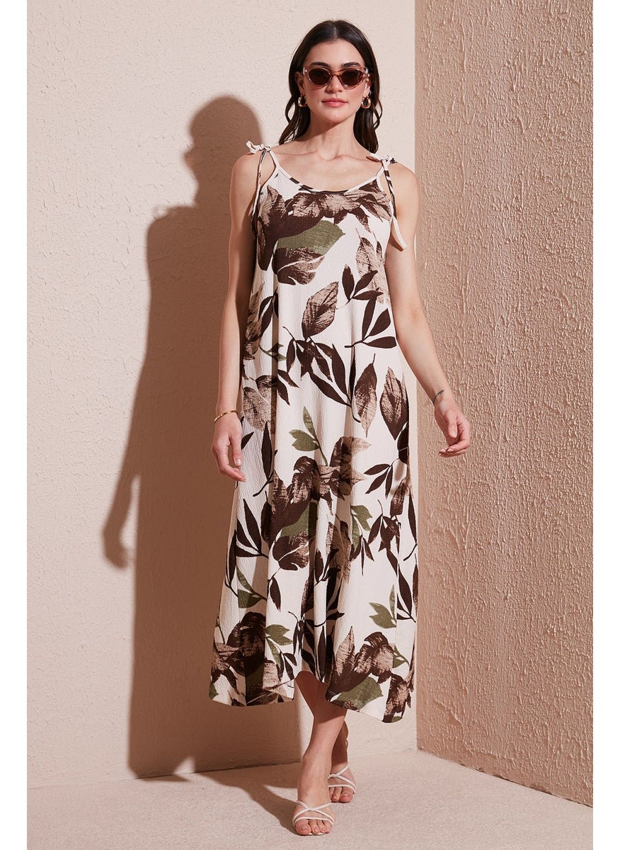 Patterned Oversize Fit Tied Rope Strap Round Neck Midi Length Dress Women's Dress 5869022