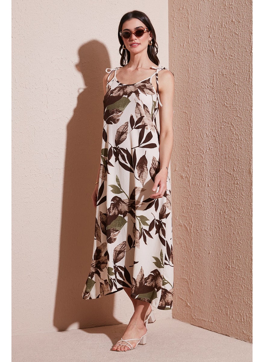 Patterned Oversize Fit Tied Rope Strap Round Neck Midi Length Dress Women's Dress 5869022