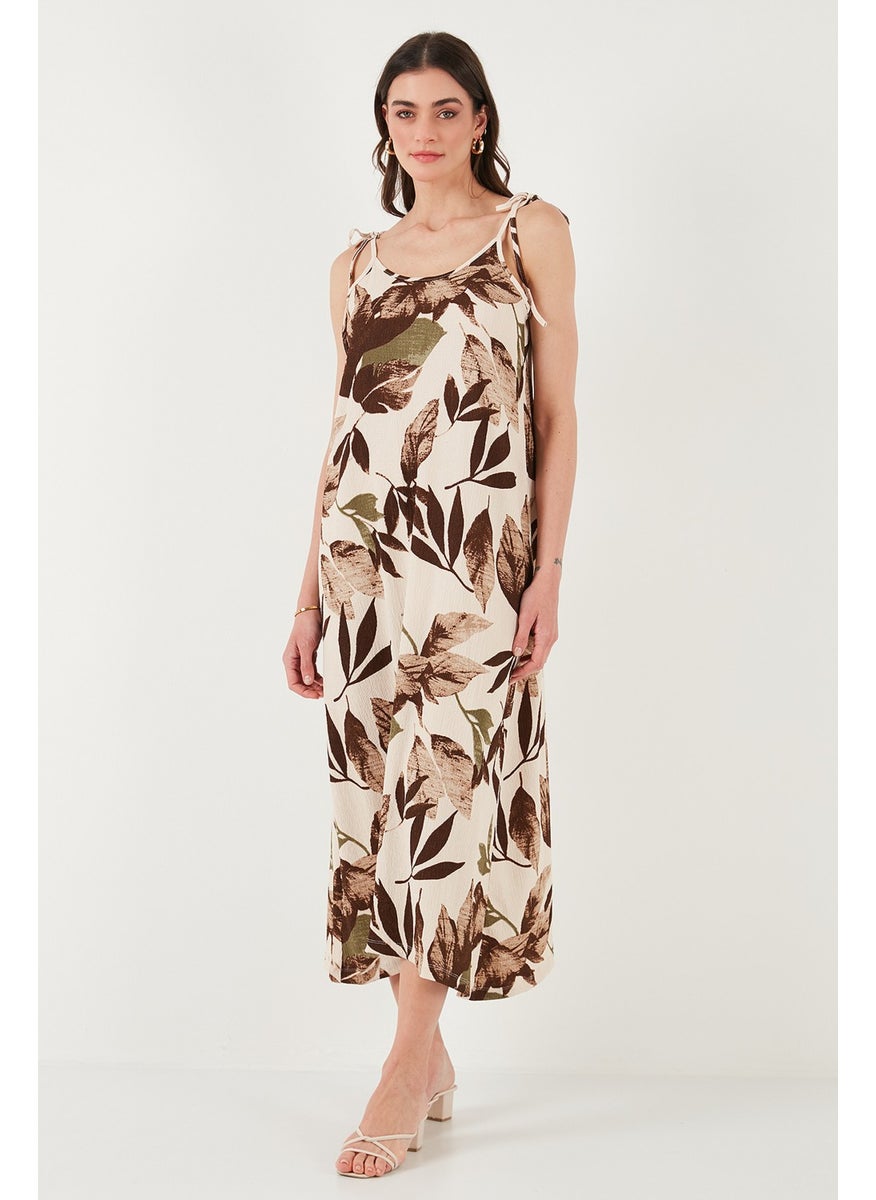 Patterned Oversize Fit Tied Rope Strap Round Neck Midi Length Dress Women's Dress 5869022
