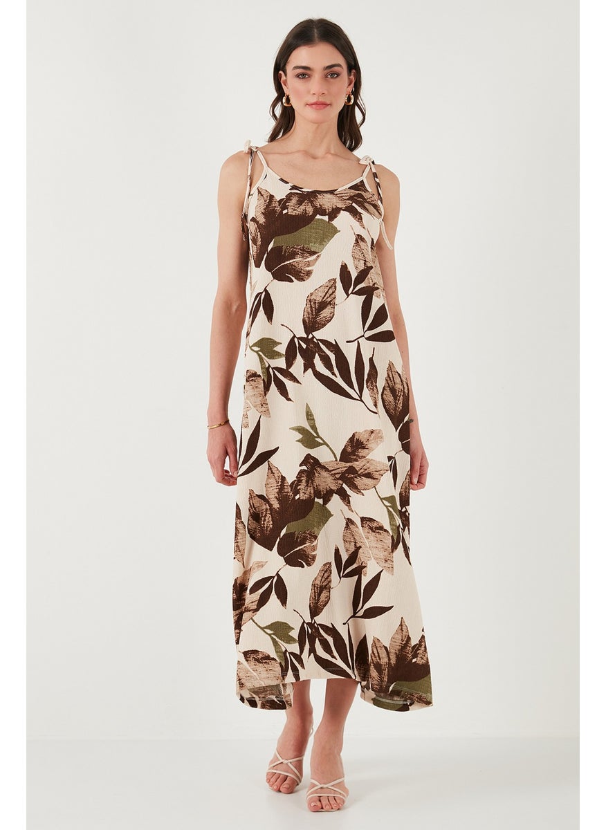 Patterned Oversize Fit Tied Rope Strap Round Neck Midi Length Dress Women's Dress 5869022