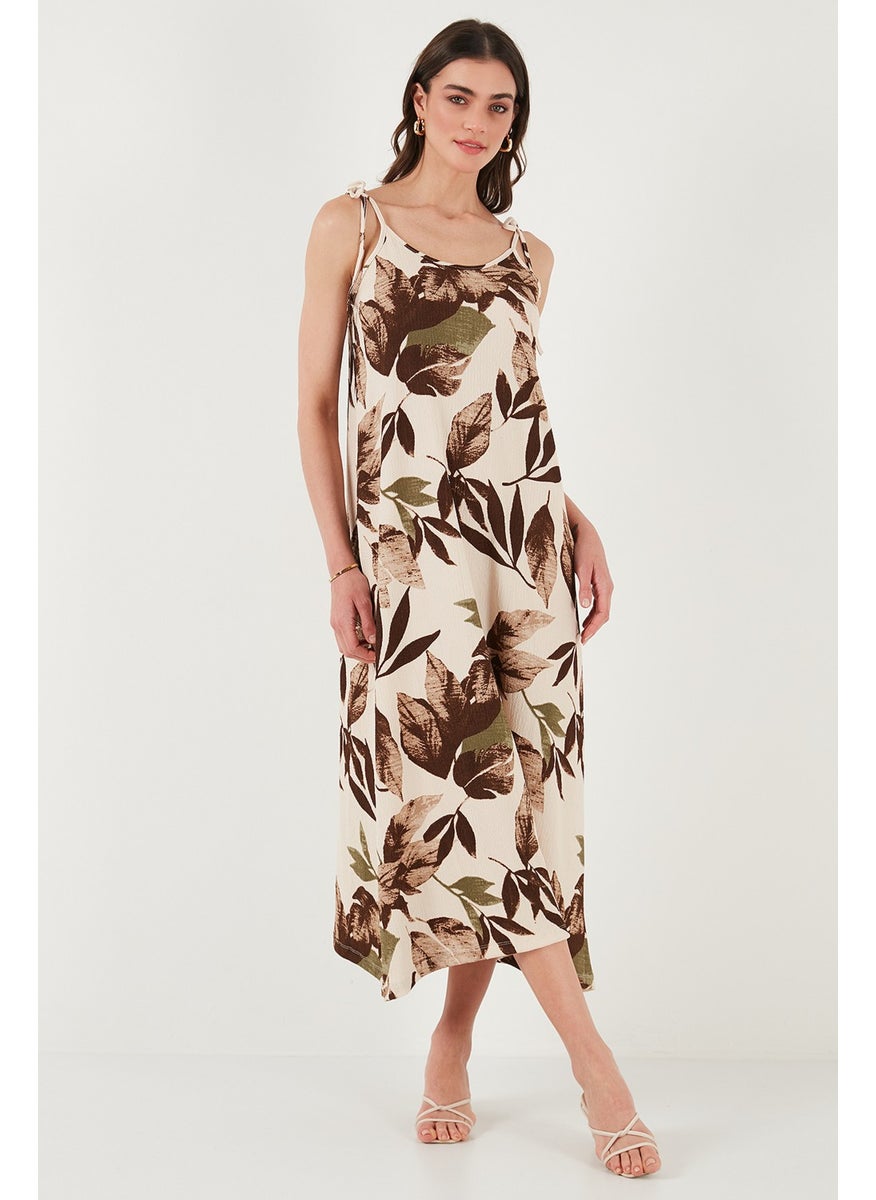 Patterned Oversize Fit Tied Rope Strap Round Neck Midi Length Dress Women's Dress 5869022
