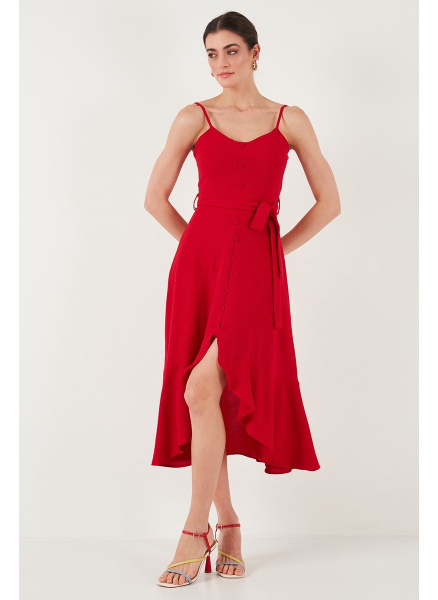 Belt and Button Detailed Flounce Regular Fit Midi Length Dress Women's Dress 67810145