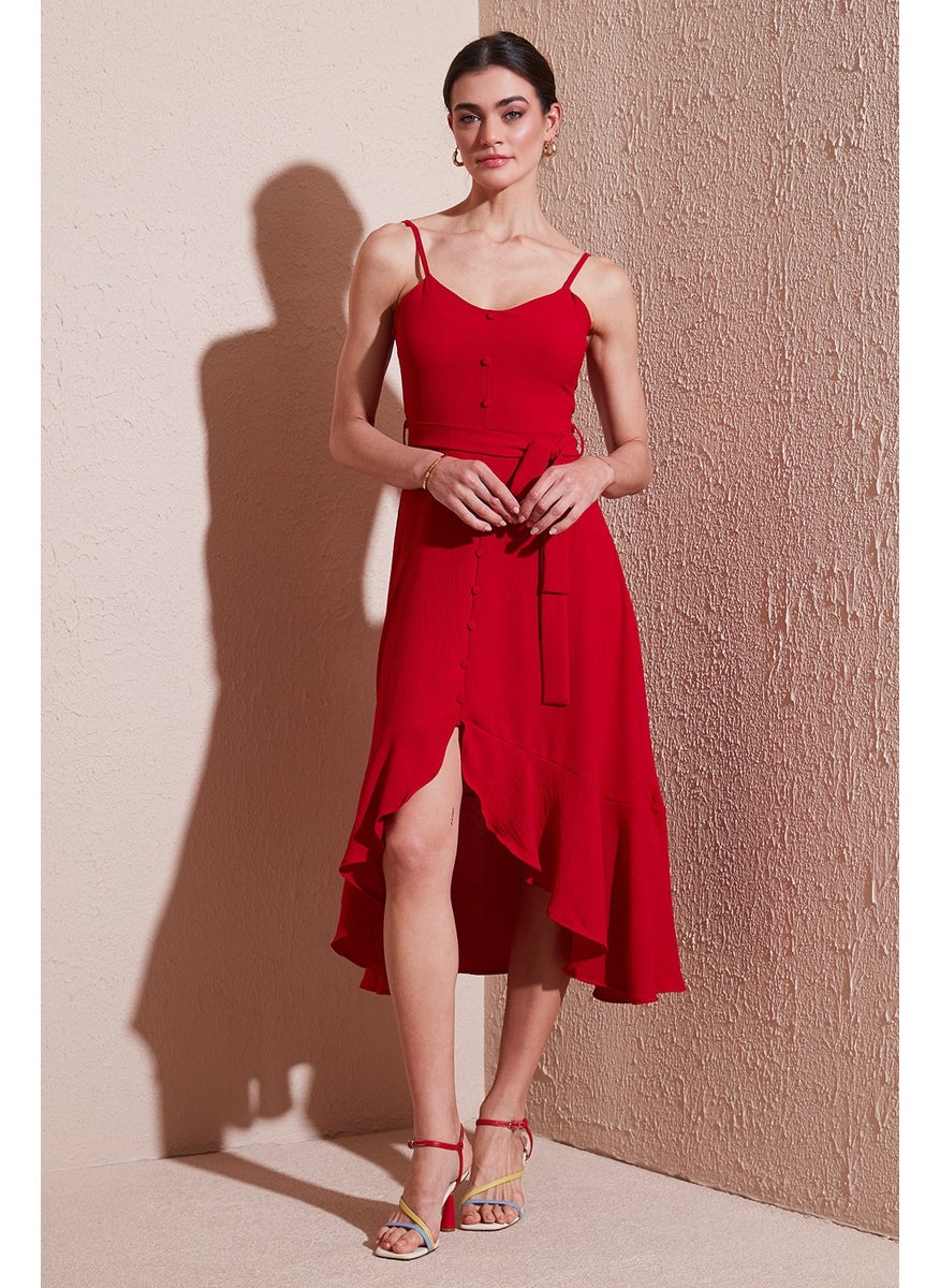 Belt and Button Detailed Flounce Regular Fit Midi Length Dress Women's Dress 67810145