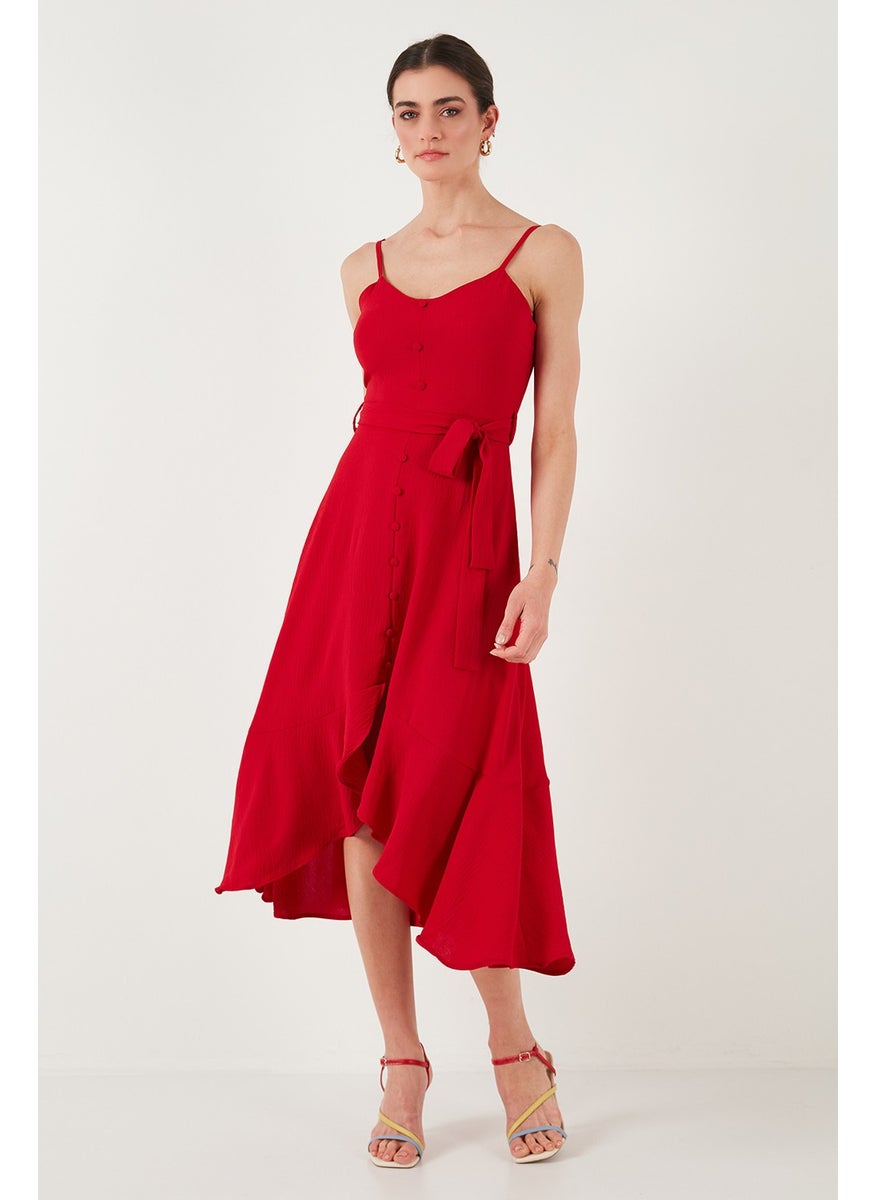 Belt and Button Detailed Flounce Regular Fit Midi Length Dress Women's Dress 67810145