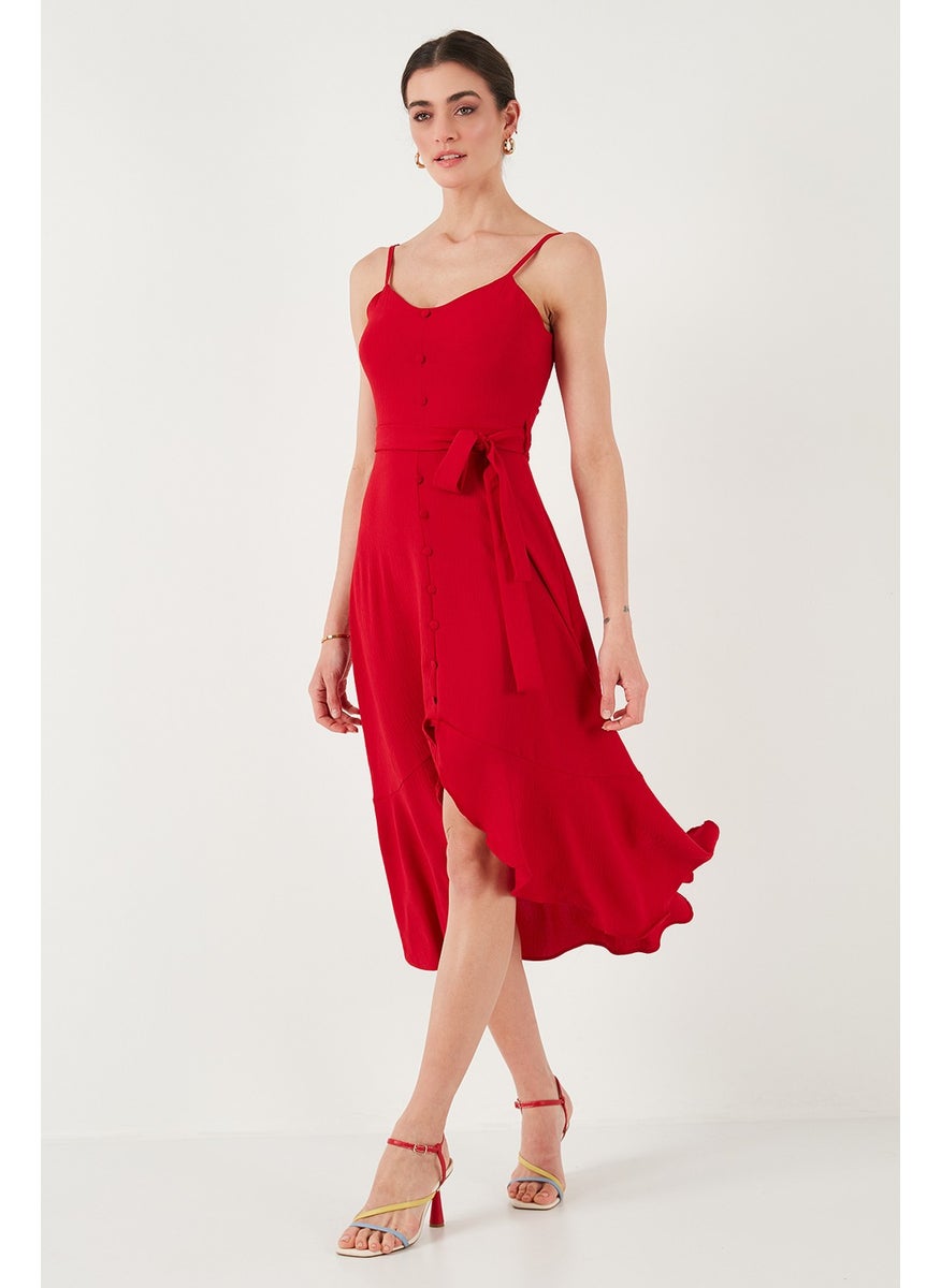 Belt and Button Detailed Flounce Regular Fit Midi Length Dress Women's Dress 67810145