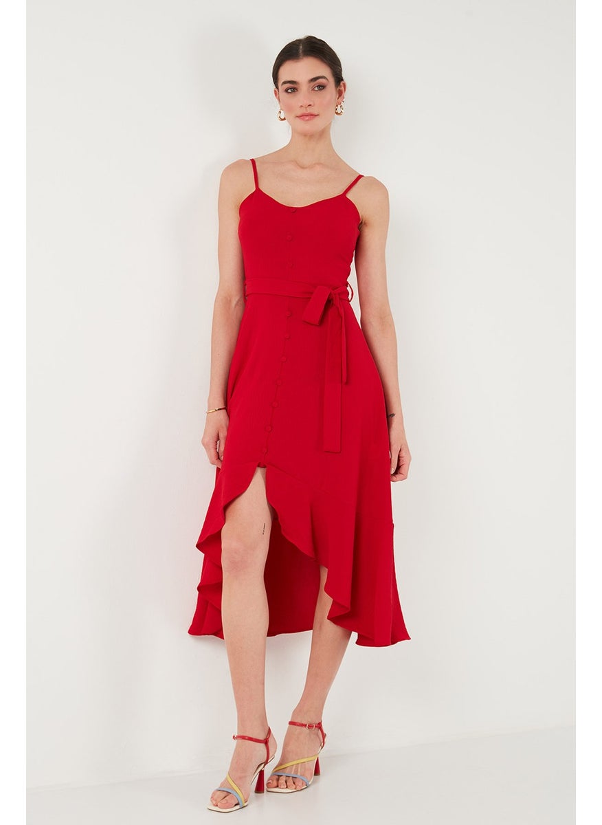 Belt and Button Detailed Flounce Regular Fit Midi Length Dress Women's Dress 67810145