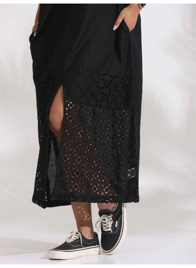 Black Cotton Schiffli Slit Dress