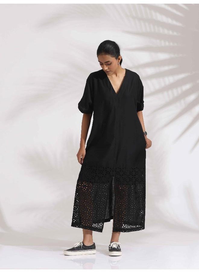 Black Cotton Schiffli Slit Dress