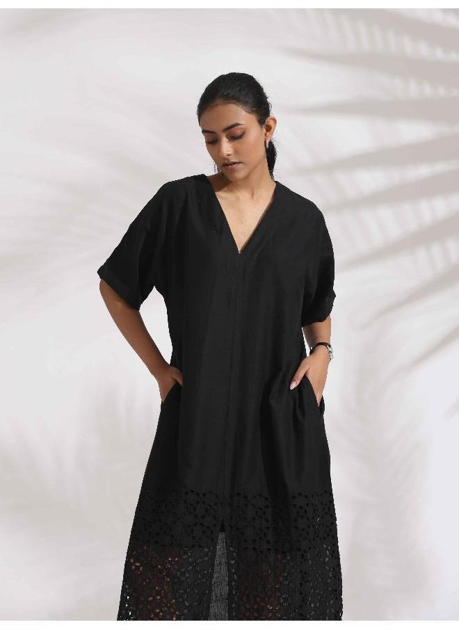 Black Cotton Schiffli Slit Dress