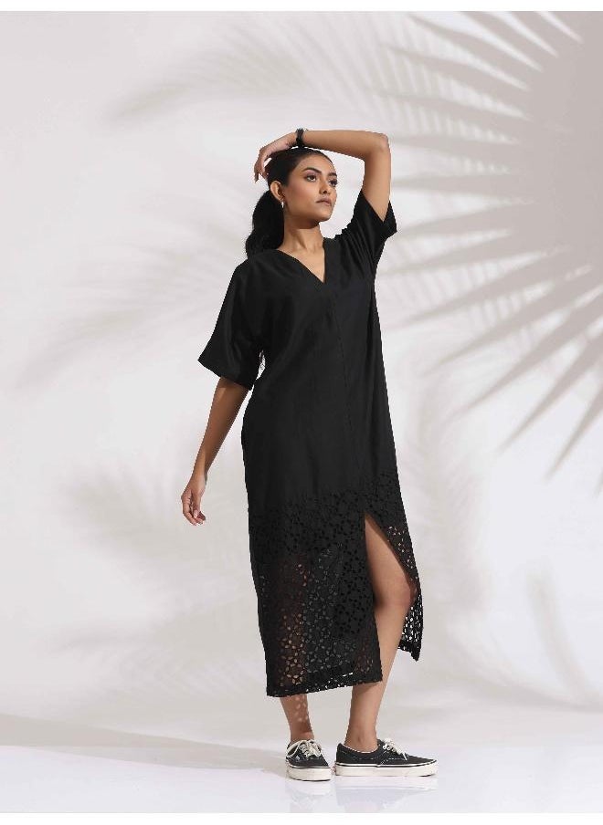 Black Cotton Schiffli Slit Dress