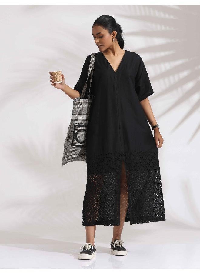 Black Cotton Schiffli Slit Dress