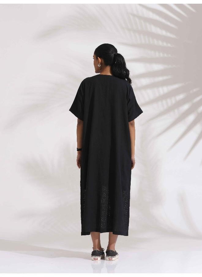 Black Cotton Schiffli Slit Dress